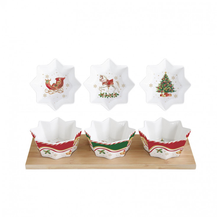Set aperitivo con 3 ciotoline e vassoio in bamboo con decori natalizi