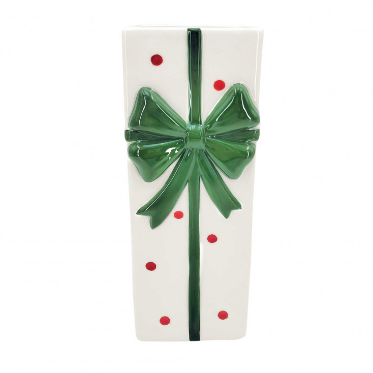 Vaso decorativo a forma di regalo di natale a pois con fiocco