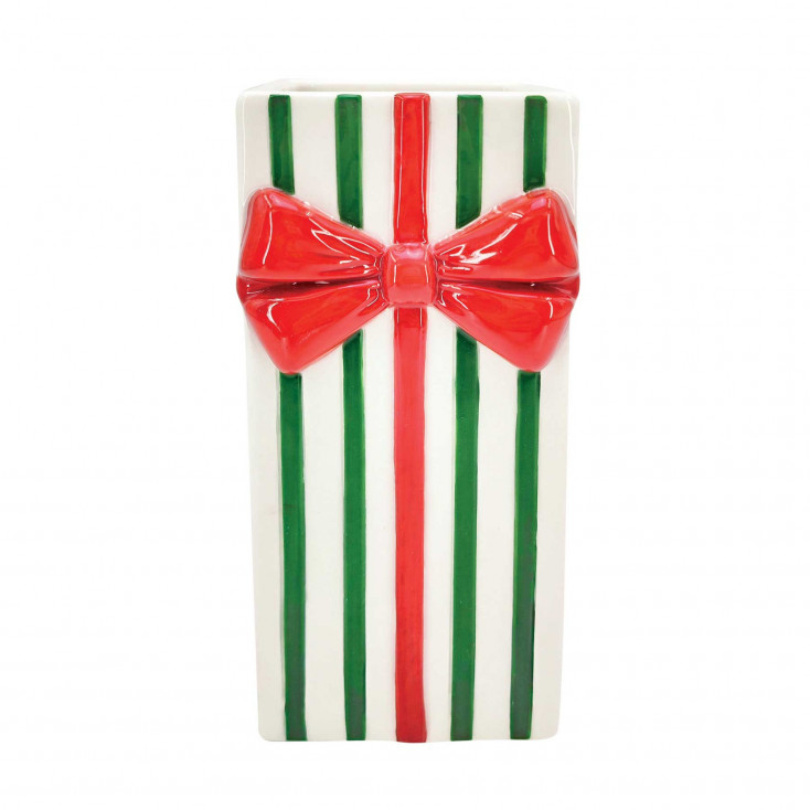 Vaso decorativo a forma di regalo di natale a righe con fiocco