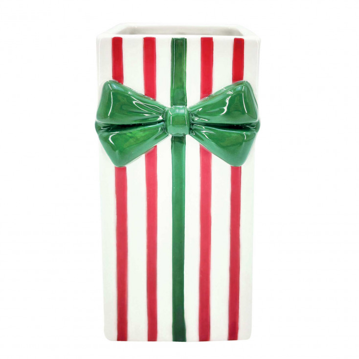 Vaso decorativo a forma di regalo di natale a righe con fiocco