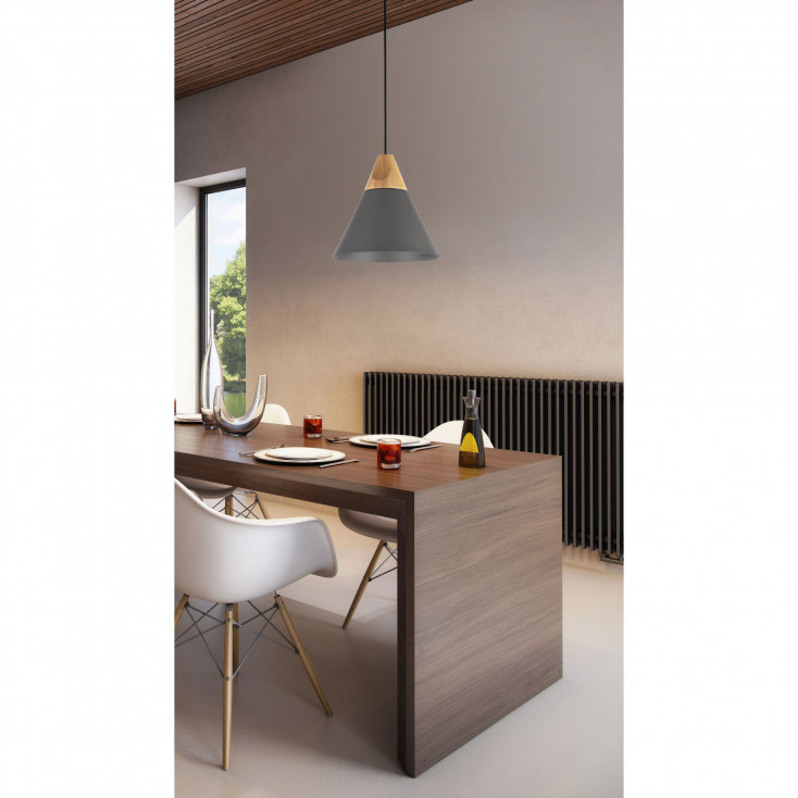Sospensione moderna industrial con base in legno e cono in metallo