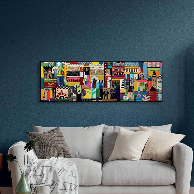 Quadro astratto moderno in tela dipinta a mano "Nella Mia Città" 150x50