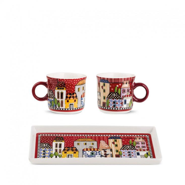 Set 2 mini mug con vassoio in ceramica "Paese Mio"