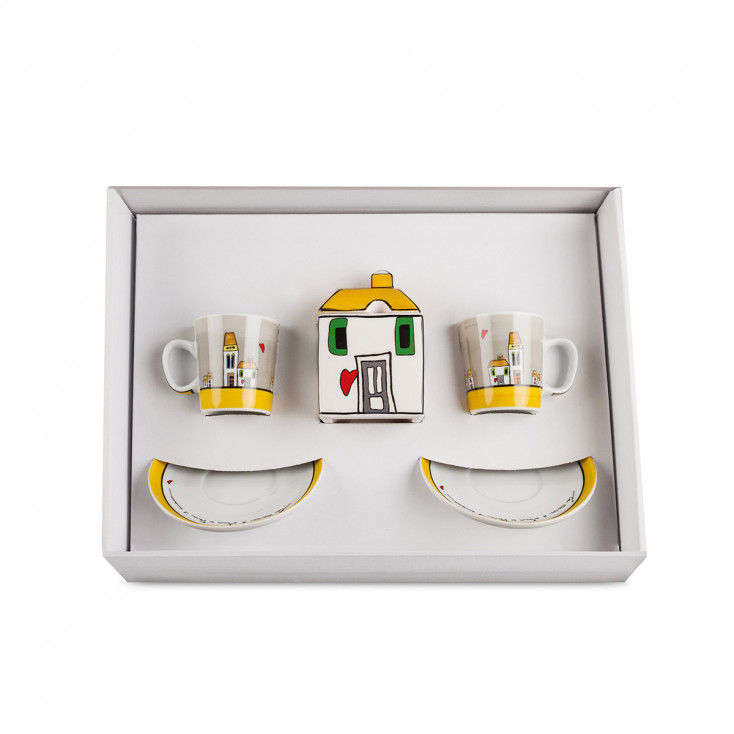 Set 2 tazze con piattino e zuccheriera in porcellana dal design moderno