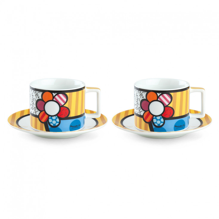 Set 2 tazze con cuori per cappuccino con piattino in porcellana
