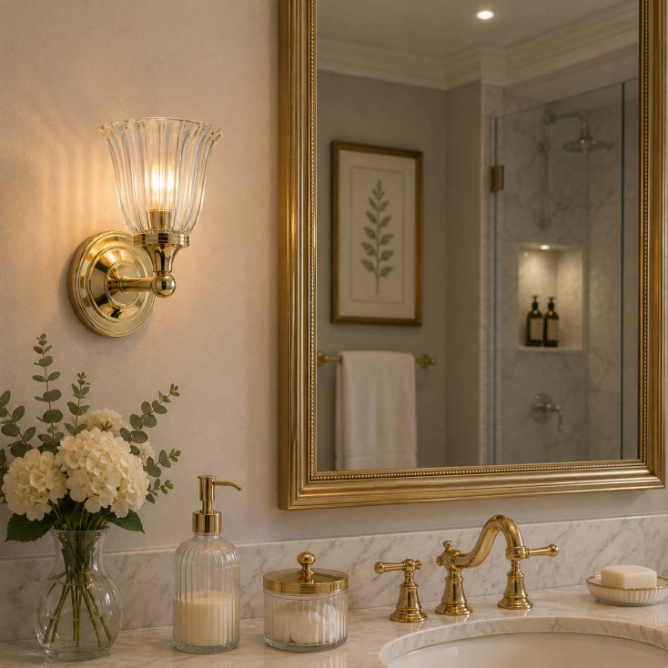 Applique da bagno con struttura in acciaio e diffusore in vetro