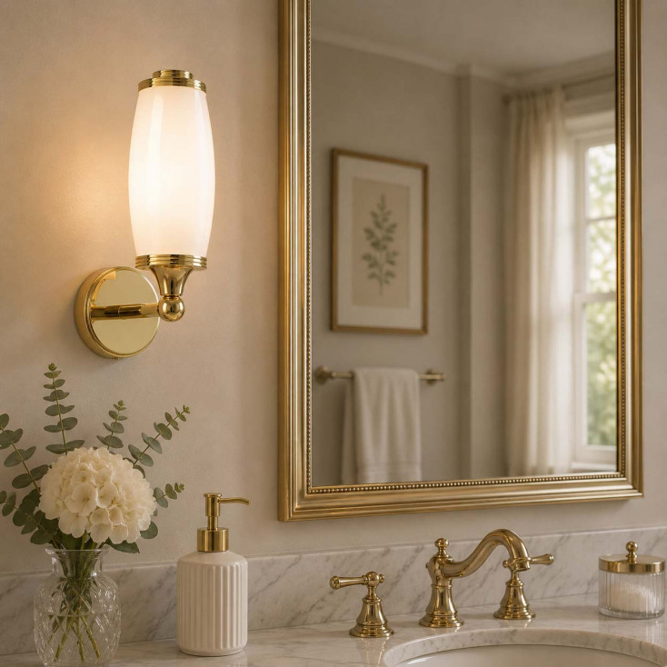 Applique moderna in acciaio per bagno con diffusore in vetro opalino