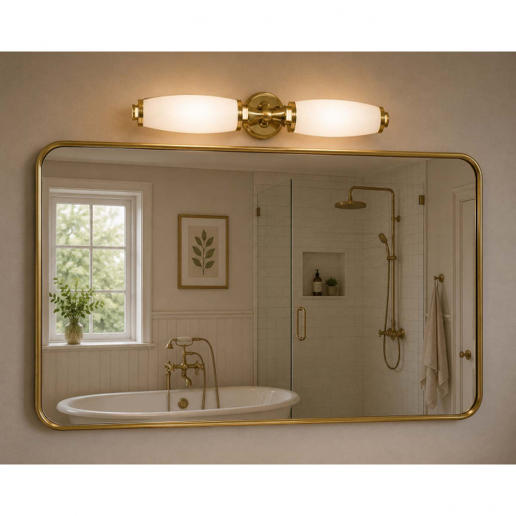 Applique moderna in acciaio per bagno con doppio diffusore in vetro opalino