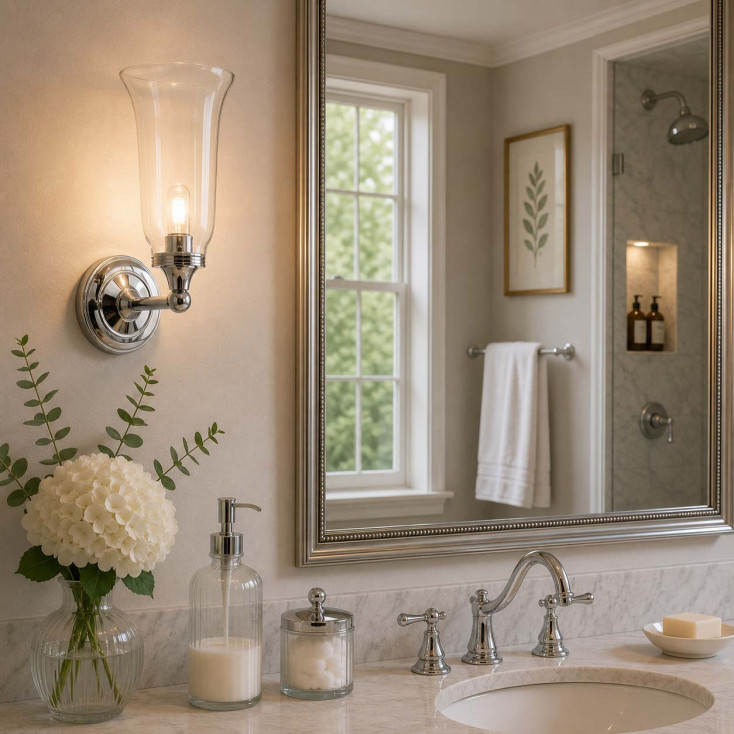 Applique per bagno moderna con struttura in acciaio con diffusore in vetro