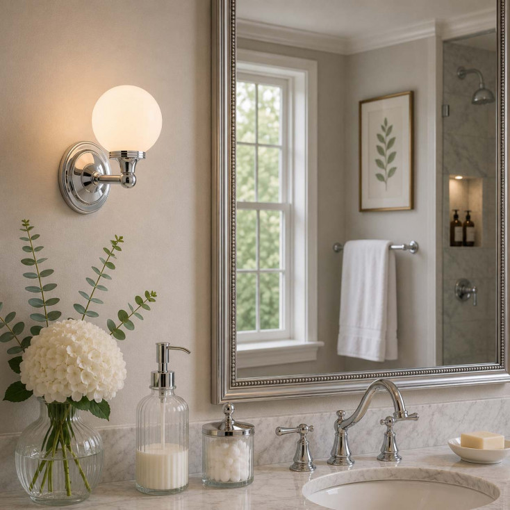 Applique per bagno moderna struttura in acciaio con diffusore in vetro opalino