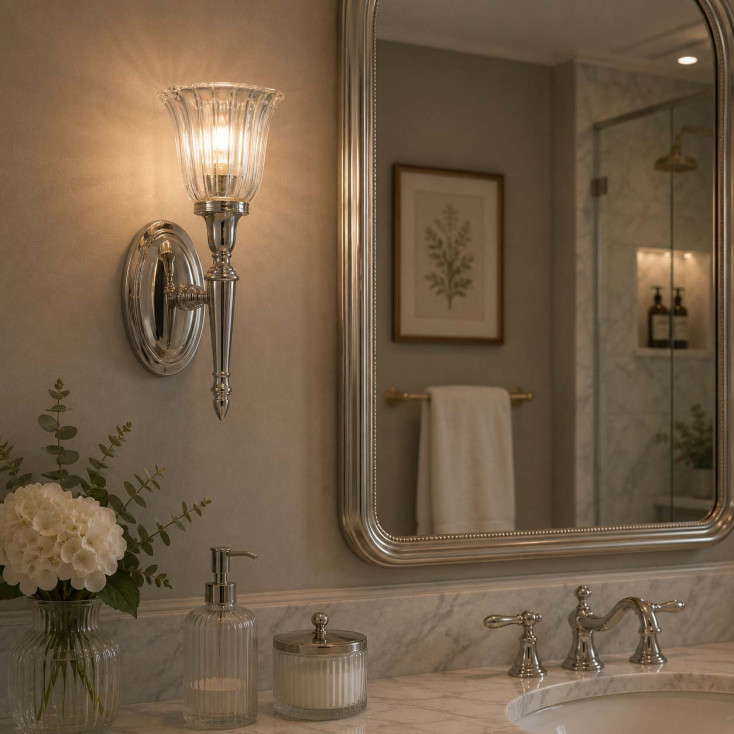 Lampada da parete per bagno dal design classico con diffusore a LED G9 in vetro