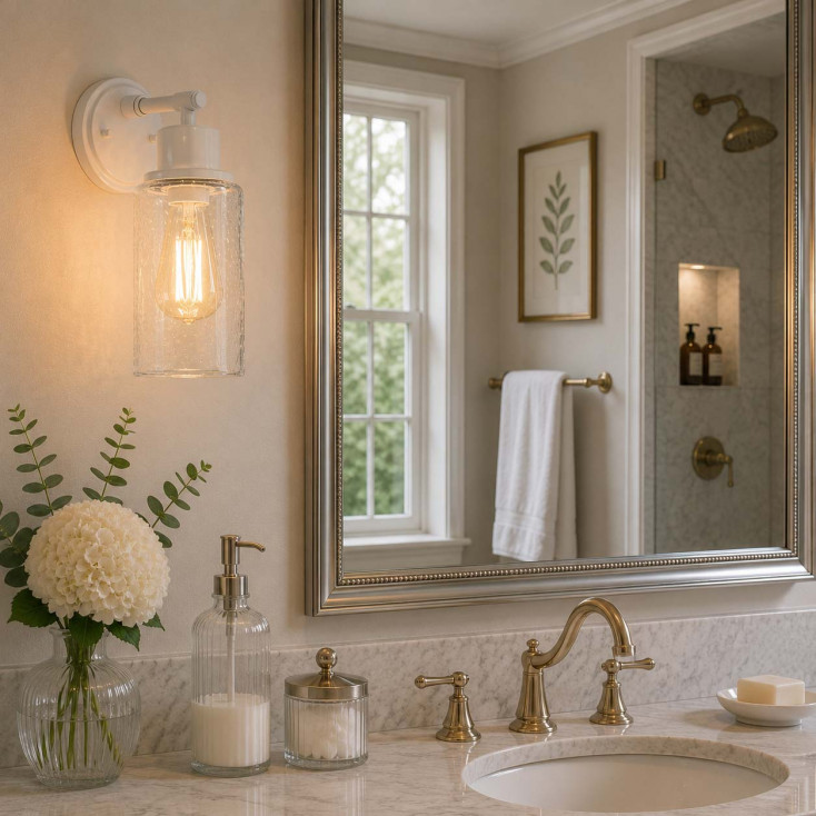 Lampada da parete per bagno struttura in acciaio e diffusore in vetro di design