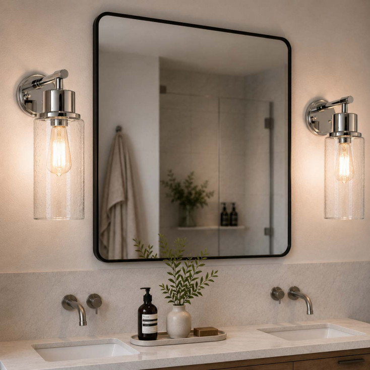 Lampada da parete per bagno struttura in acciaio e diffusore in vetro di design