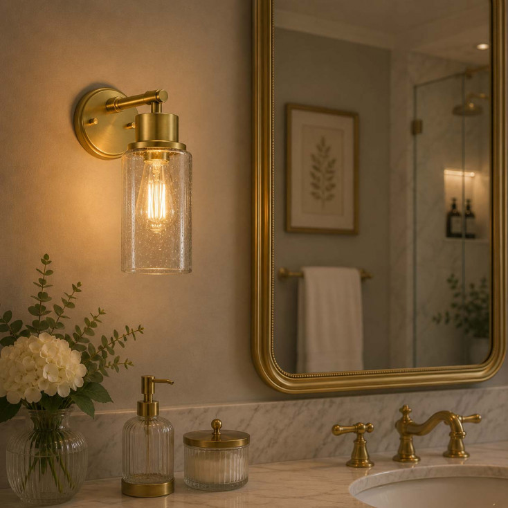 Lampada da parete per bagno struttura in acciaio e diffusore in vetro di design
