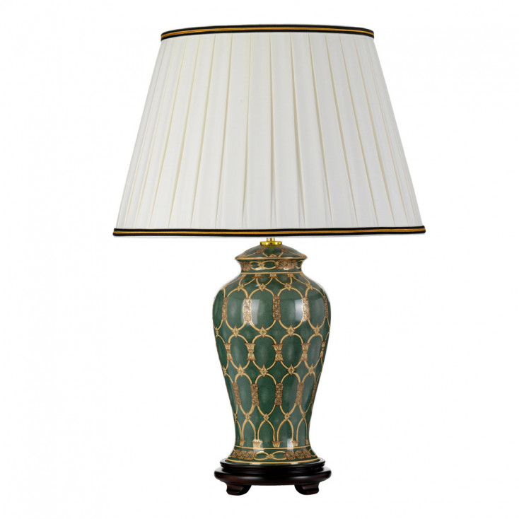 Lampada da tavolo dal design orientale in ceramica e paralume in tessuto