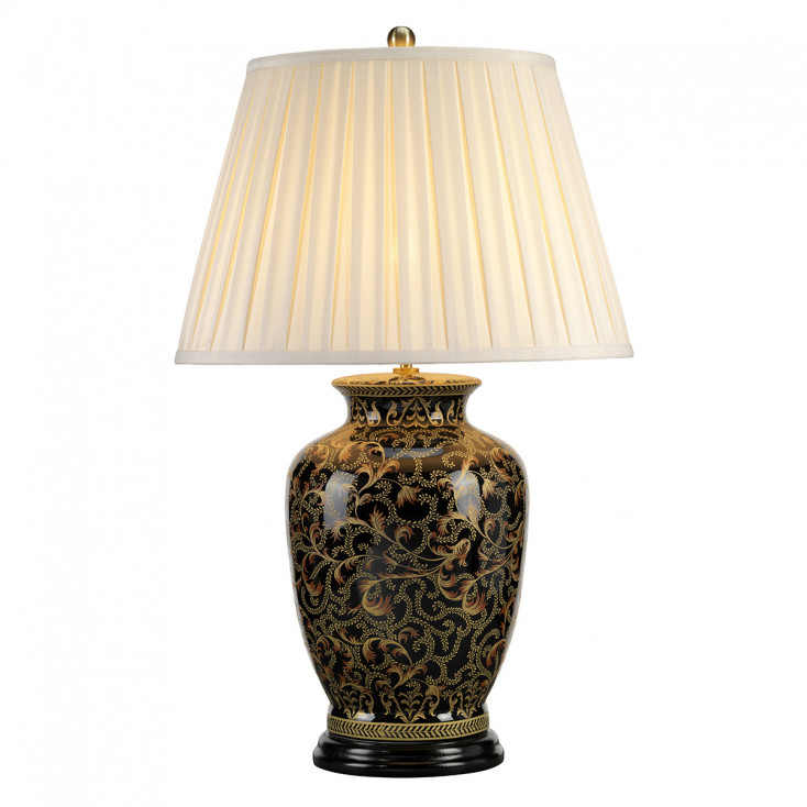 Lampada da tavolo grande in porcellana con paralume in tessuto crema