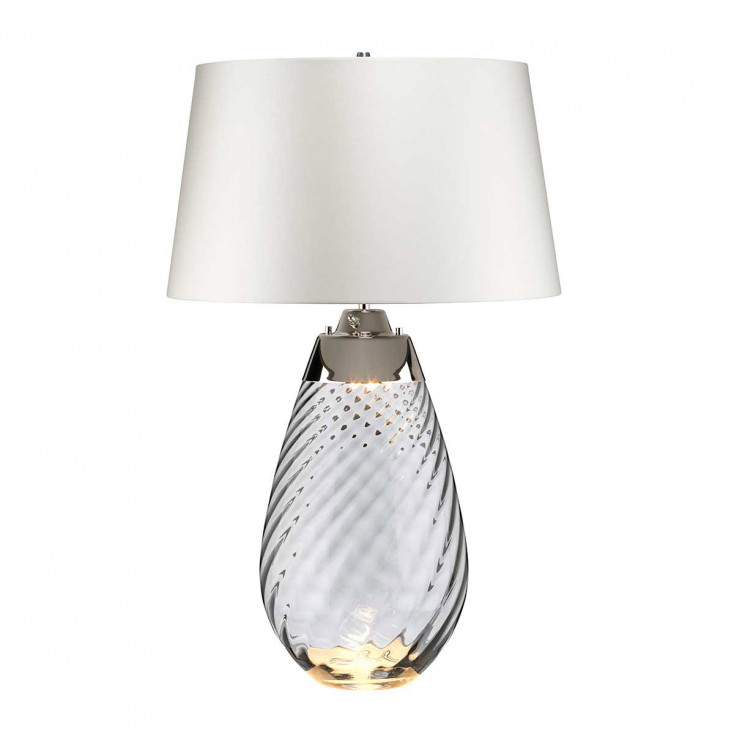 Lampada da tavolo grande moderna con base in vetro e paralume in tessuto