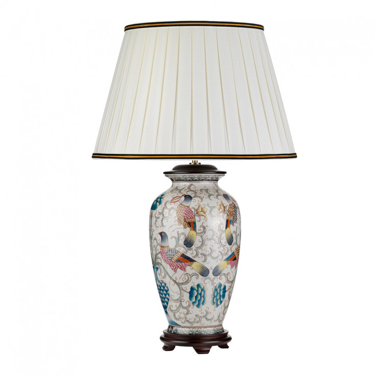 Lampada da tavolo in ceramica dal design orientale con paralume in tessuto