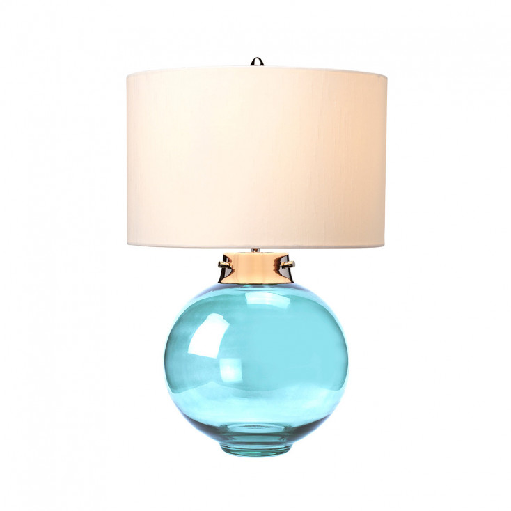 Lampada da tavolo moderna con struttura in vetro e acciaio e paralume in tessuto