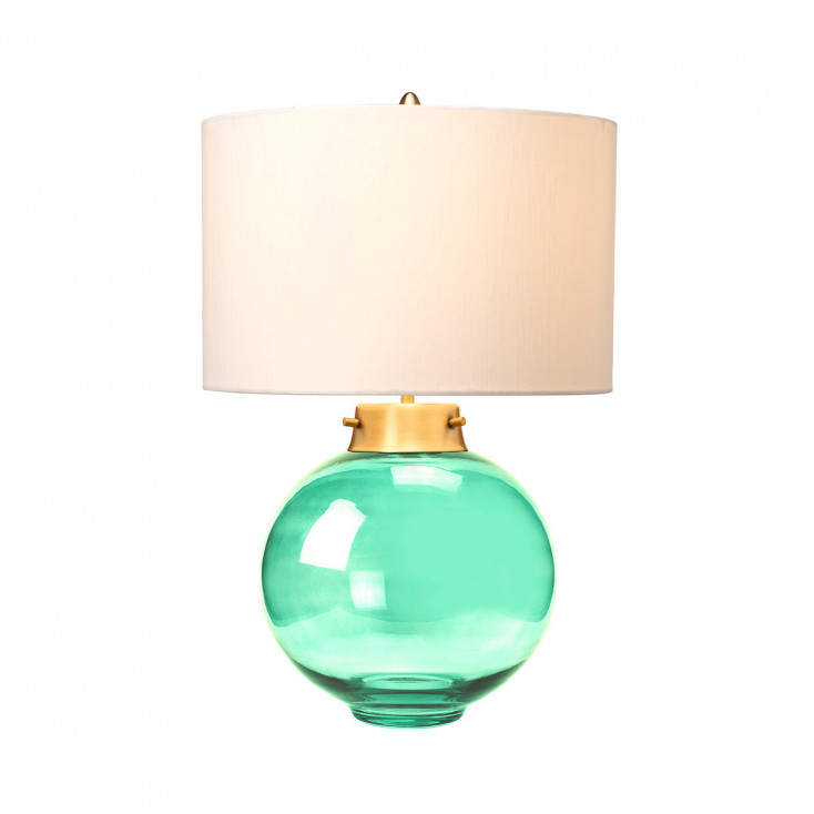 Lampada da tavolo moderna con struttura in vetro e acciaio e paralume in tessuto