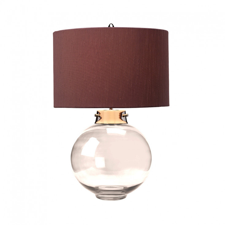 Lampada da tavolo moderna con struttura in vetro e acciaio e paralume in tessuto