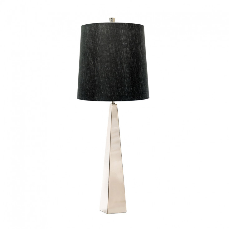 Lampada da tavolo moderna con struttura nichel in acciaio e paralume in tessuto