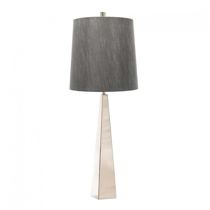 Lampada da tavolo moderna con struttura nichel in acciaio e paralume in tessuto