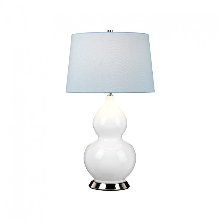 Lampada da tavolo moderna in ceramica e base in acciaio con paralume in tessuto
