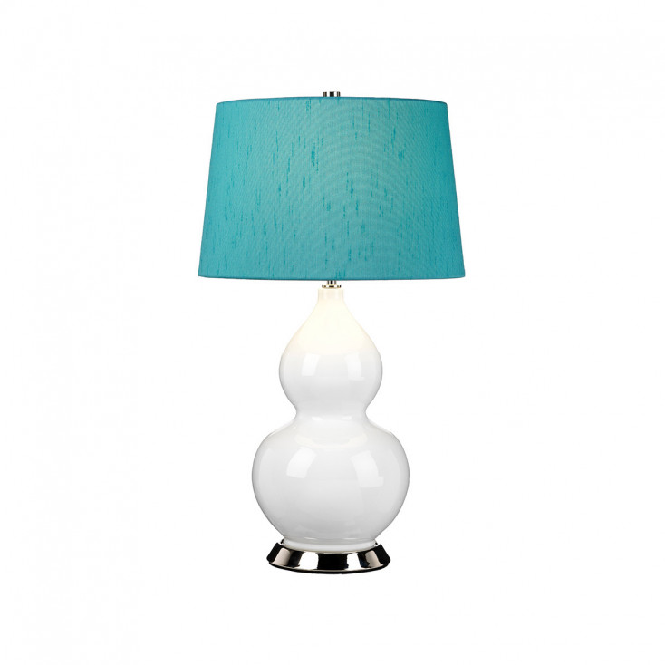 Lampada da tavolo moderna in ceramica e base in acciaio con paralume in tessuto