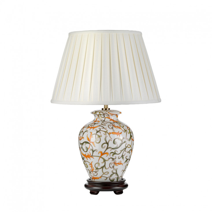 Lampada da tavolo orientale con struttura in ceramica con paralume in tessuto