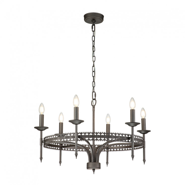 Lampadario a 6 luci con struttura in acciaio dal design rustico senza paralumi