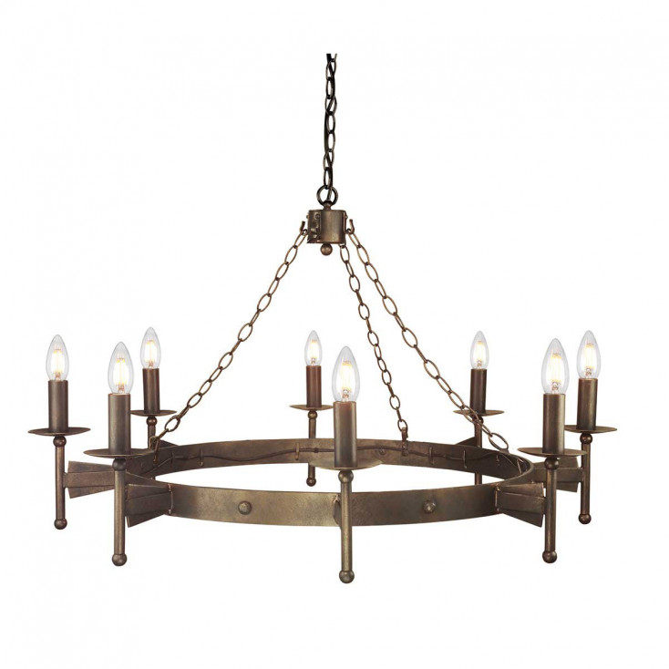 Lampadario grande dal design rustico con struttura in acciaio e 8 diffusori