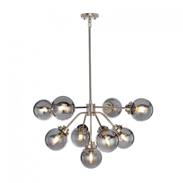 Lampadario moderno grande in acciaio con 9 diffusori a boccia in vetro