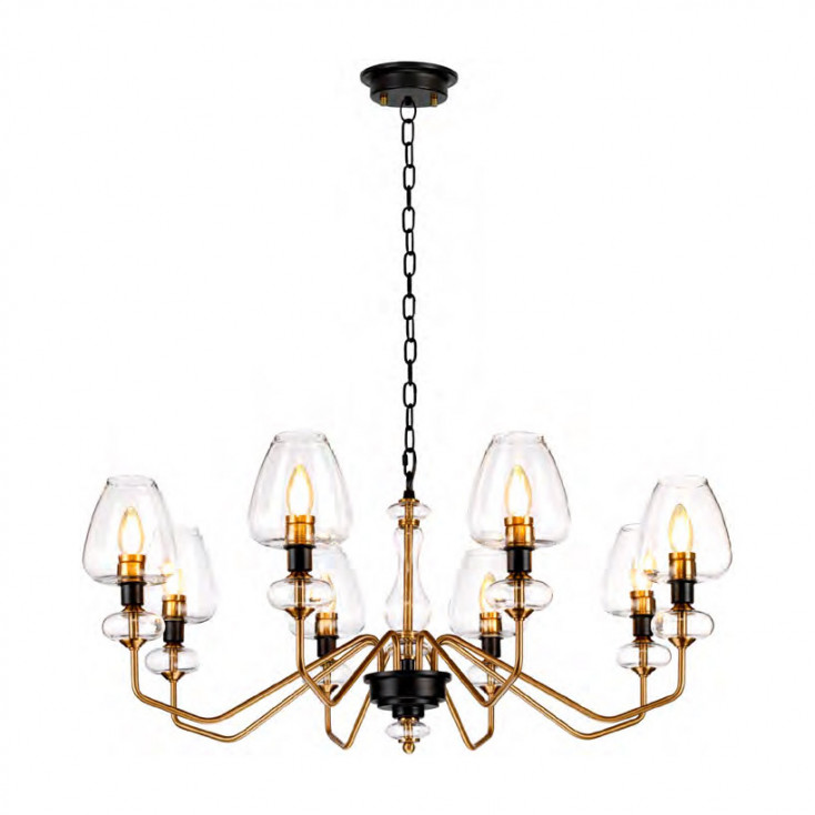 Lampadario moderno grande struttura in acciaio e 8 diffusori in vetro
