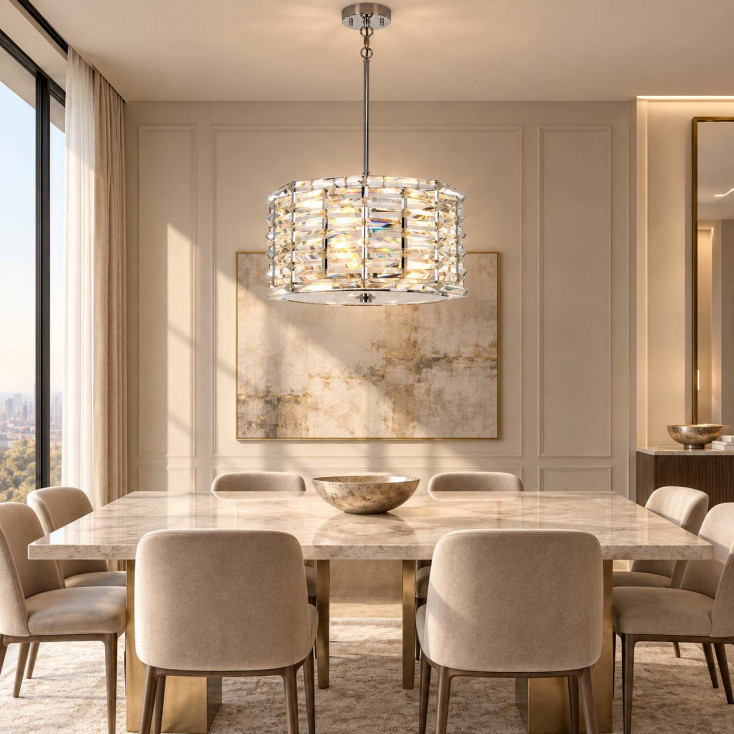 Lampadario moderno in acciaio con diffusore rotondo in vetro a faccette
