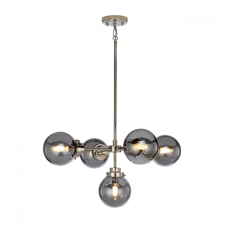 Lampadario moderno medio in acciaio con 5 diffusori a boccia in vetro