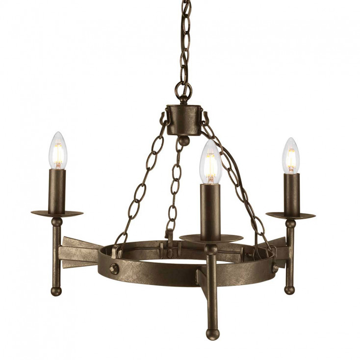 Lampadario piccolo dal design rustico con struttura in acciaio e 3 diffusori