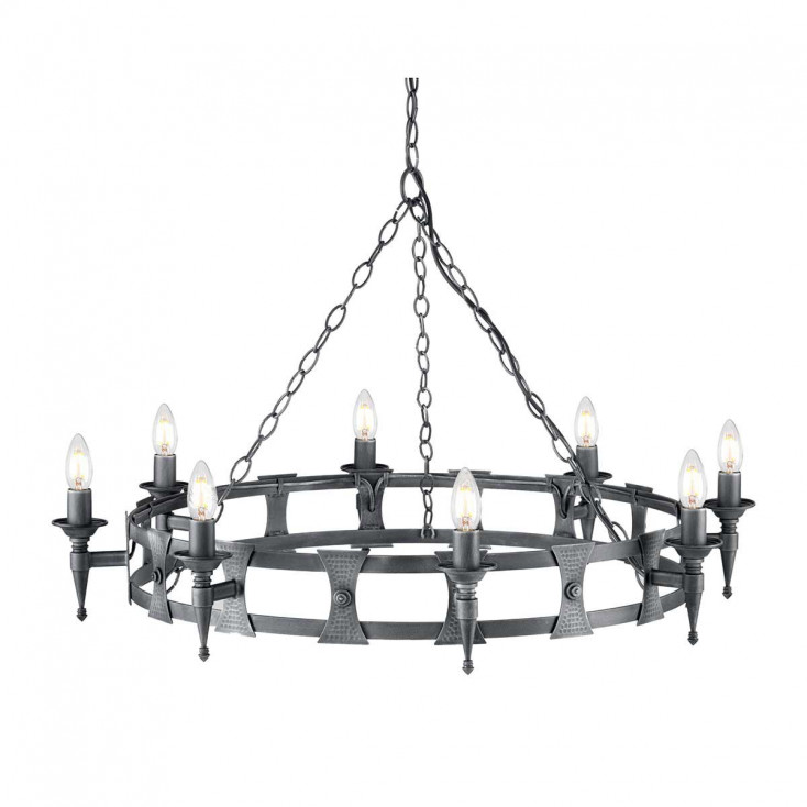 Lampadario rustico con struttura in acciaio grande e 8 lampadine