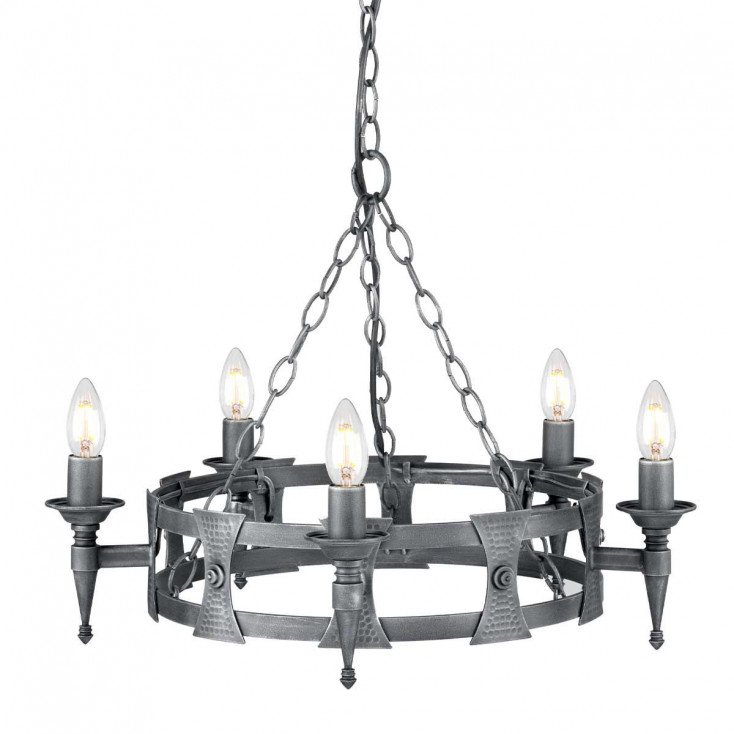 Lampadario rustico con struttura in acciaio media e 5 lampadine