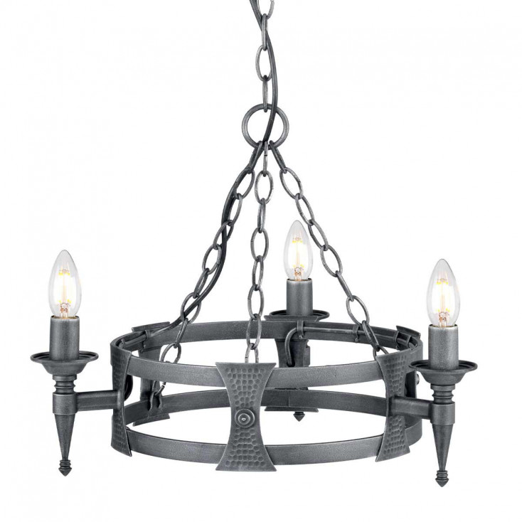 Lampadario rustico con struttura in acciaio piccola e 3 lampadine
