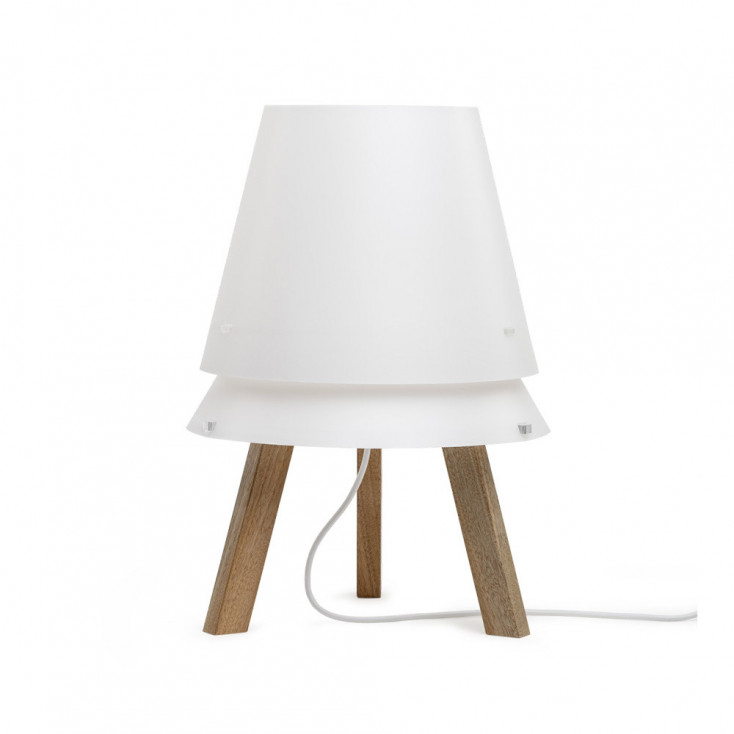 Lampada da tavolo con struttura in legno e paralume in PVC