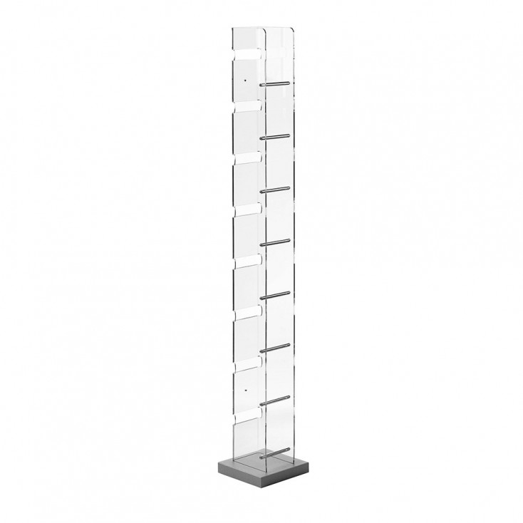 Porta CD verticale da terra con base in legno e struttura in plexiglass