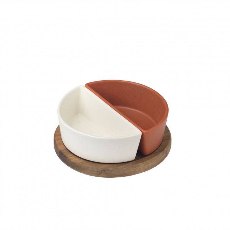 Set 2 ciotole in ceramica con supporto in legno