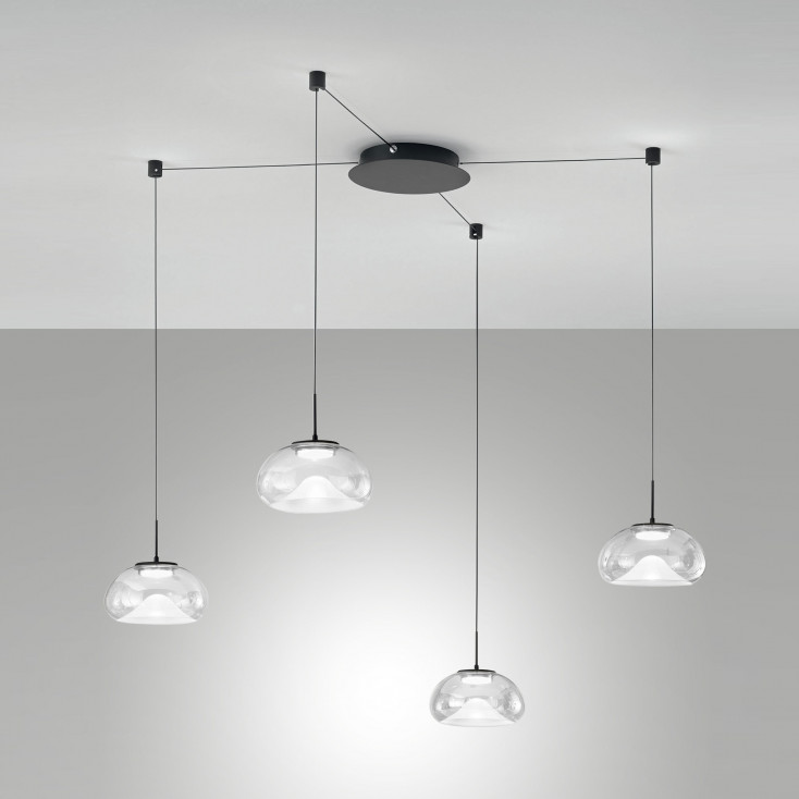 Lampada a sospensione a ragno con 4 diffusori in vetro a LED dimmerabile
