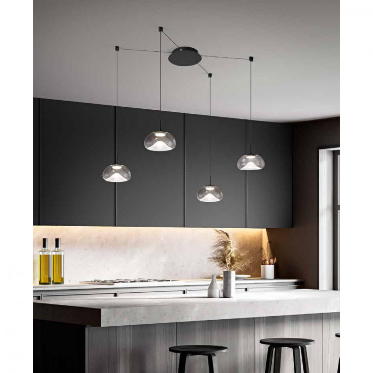 Lampada a sospensione a ragno con 4 diffusori in vetro a LED dimmerabile