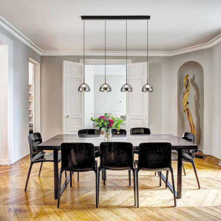 Lampada a sospensione lineare a LED con 4 diffusori in vetro dal design moderno