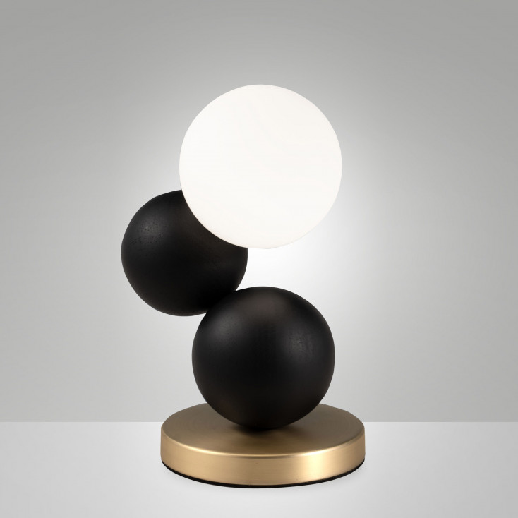 Lampada da comodino in metallo e legno con diffusore in vetro soffiato