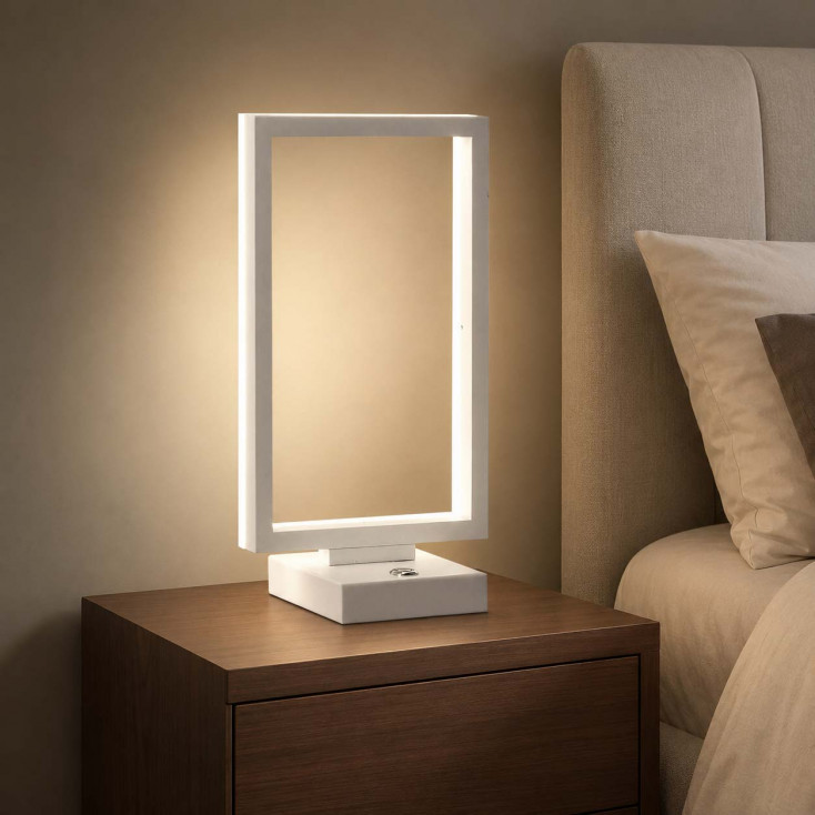 Lampada da comodino LED moderna con cornice rettangolare in metallo