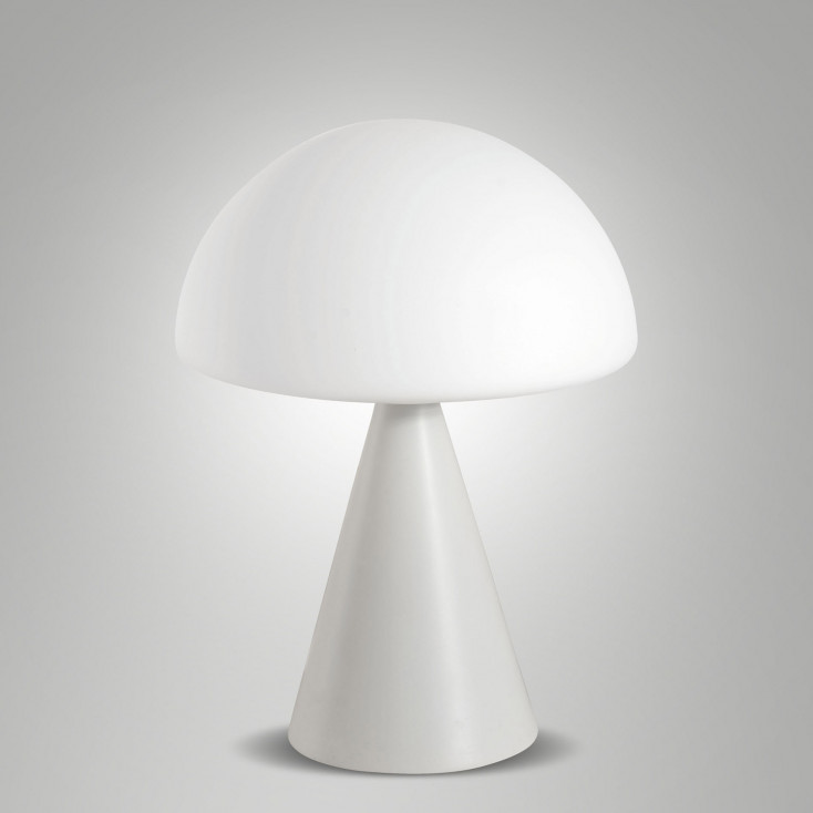 Lampada da tavolo a led con struttura in metallo e diffuosre in vetro soffiato