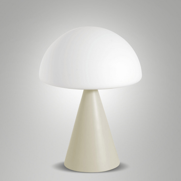 Lampada da tavolo a led con struttura in metallo e diffuosre in vetro soffiato